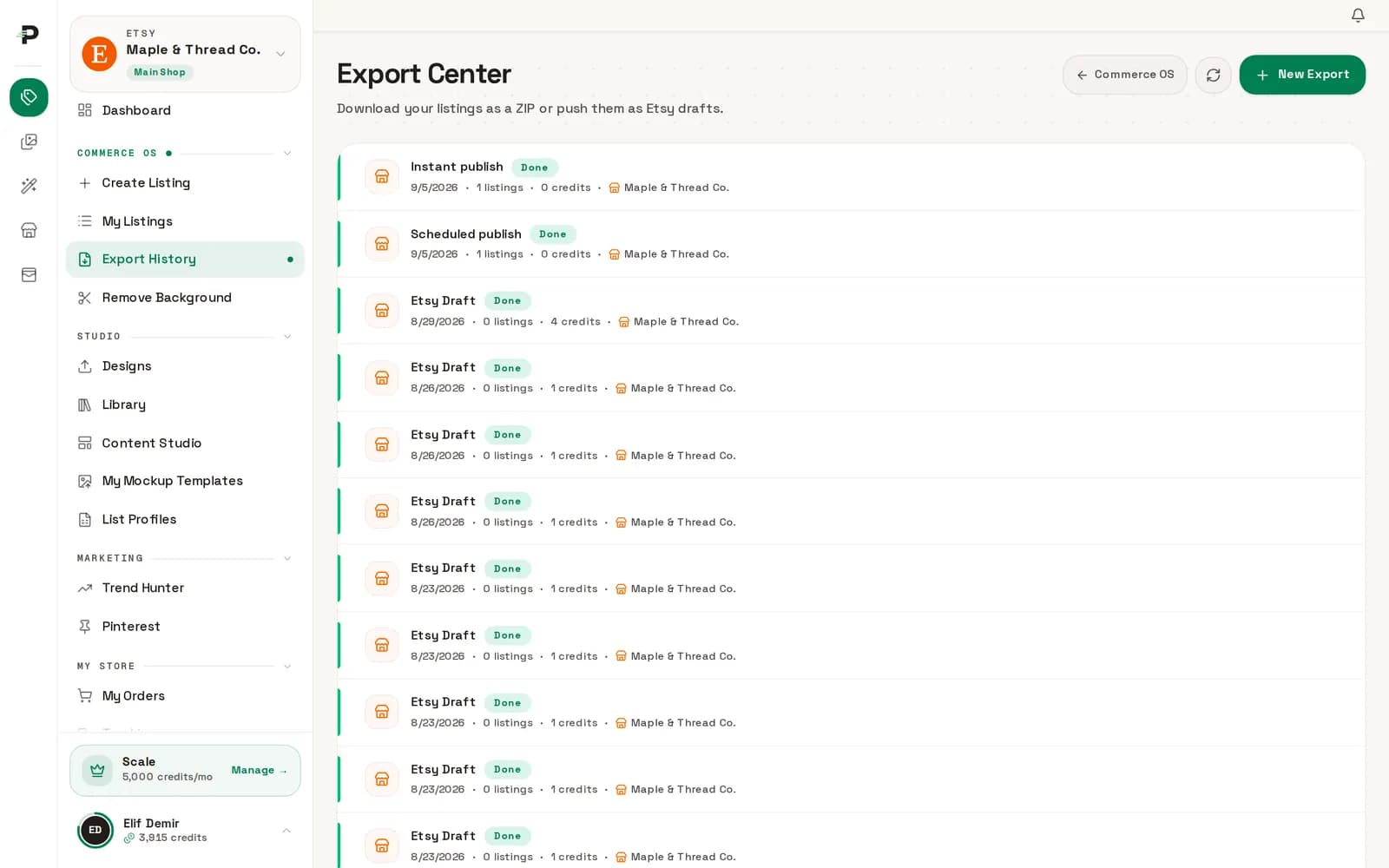 Podinfly Export Center screen: submission history with statuses and error details