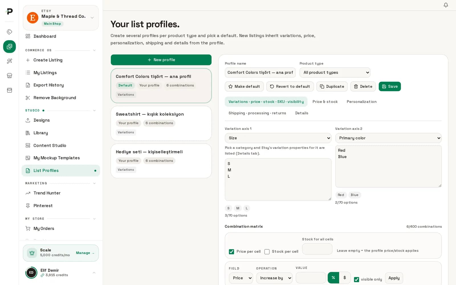 Podinfly Listing Profiles screen: the profile list and its variation badge