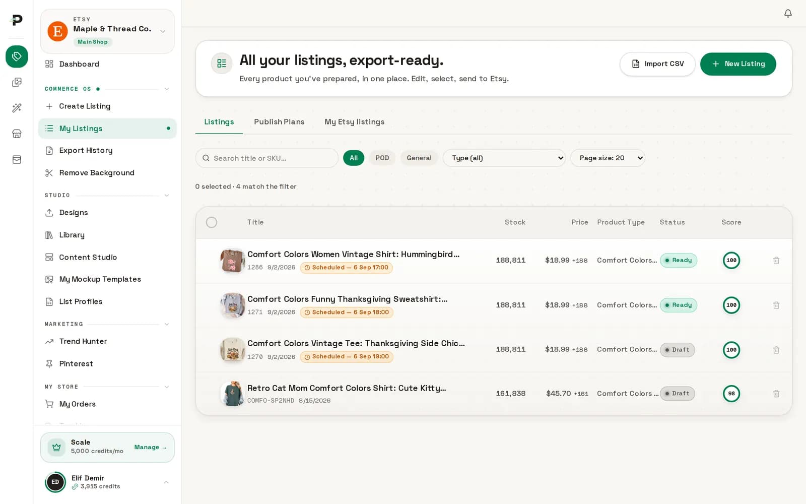 Podinfly My Listings screen: the listing table with status badges and SEO scores