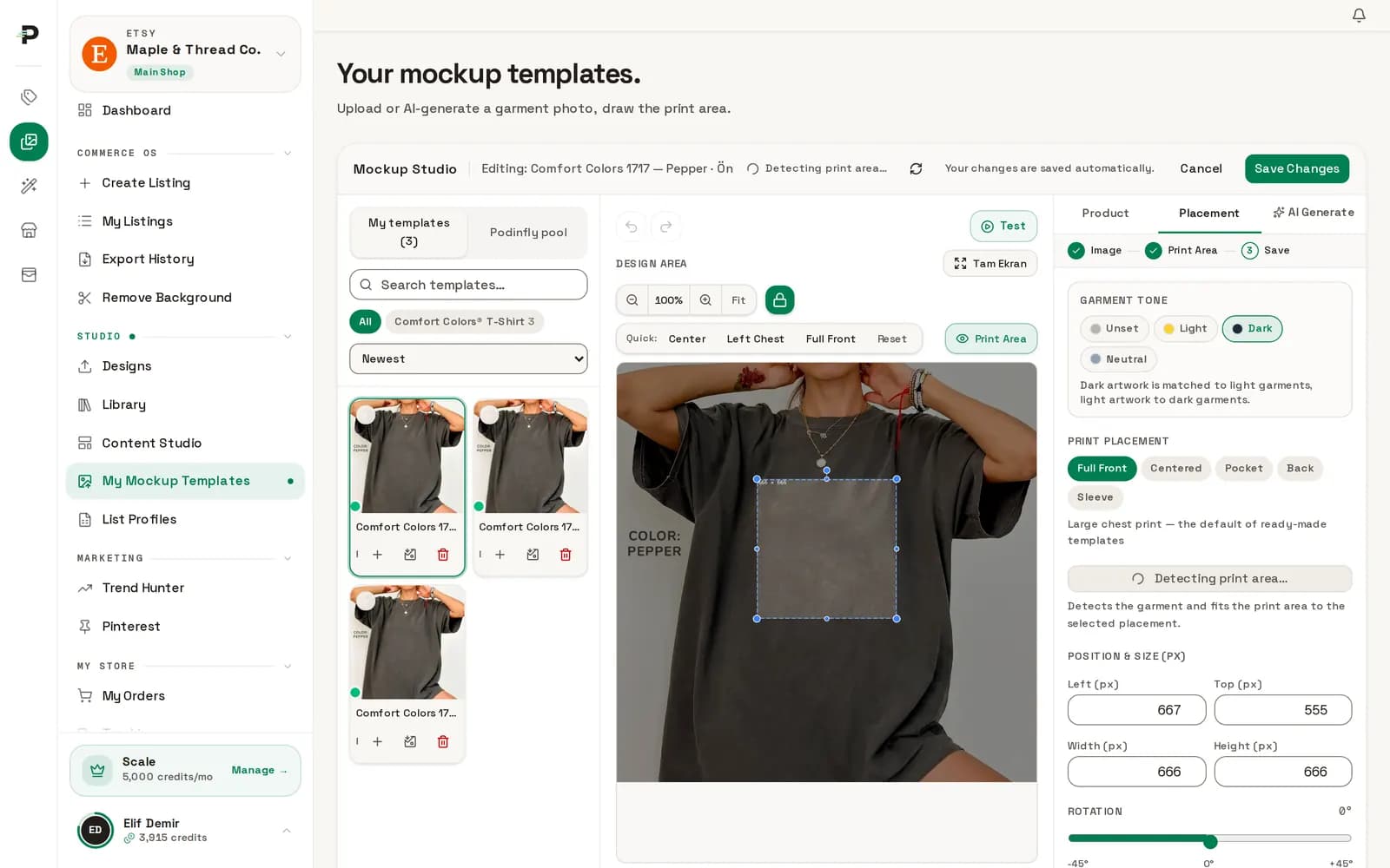 Podinfly Mockup Studio: print area and placement controls over a t-shirt photo