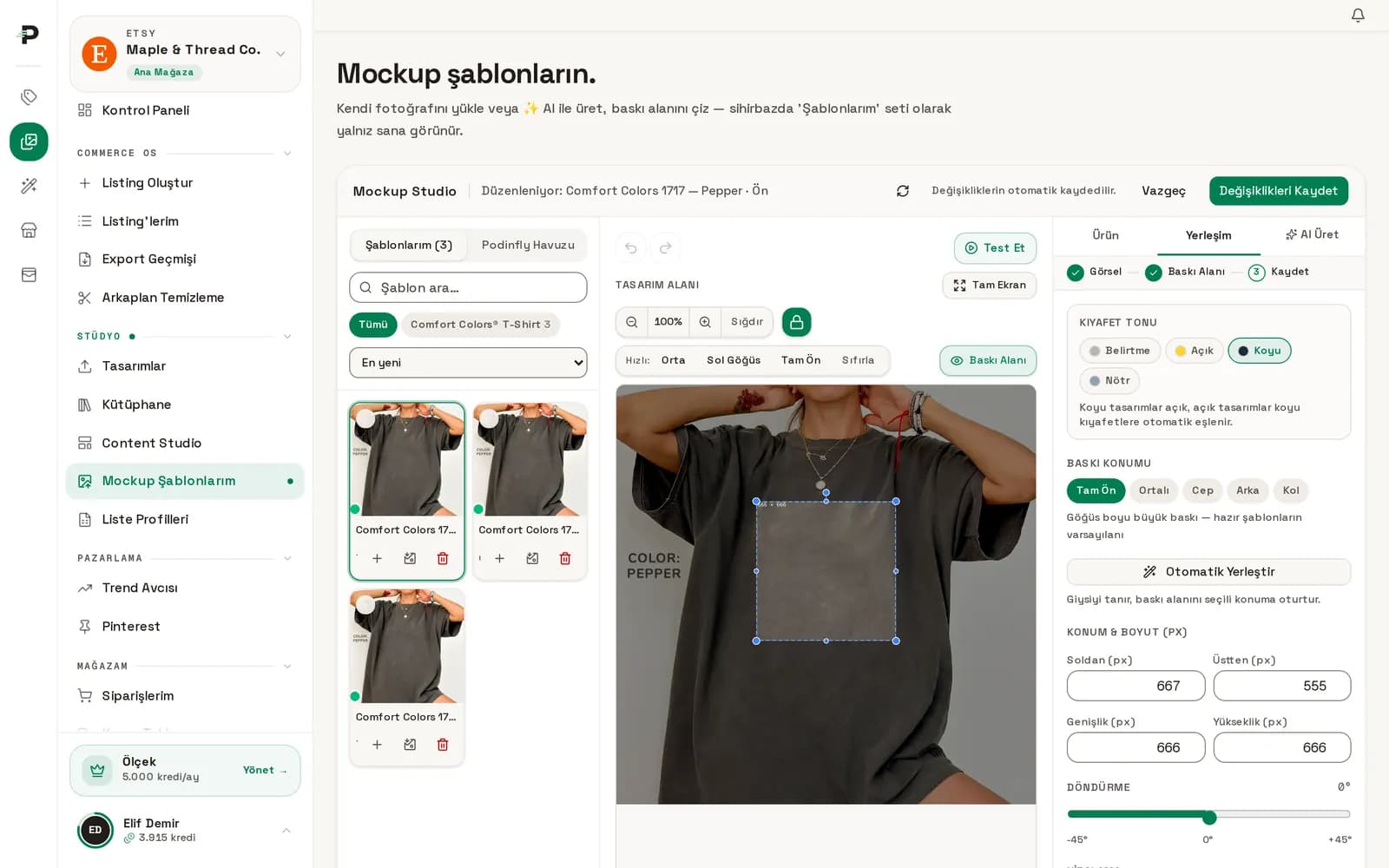 Podinfly Mockup Studio: tişört fotoğrafı üzerinde baskı alanı ve yerleşim ayarları