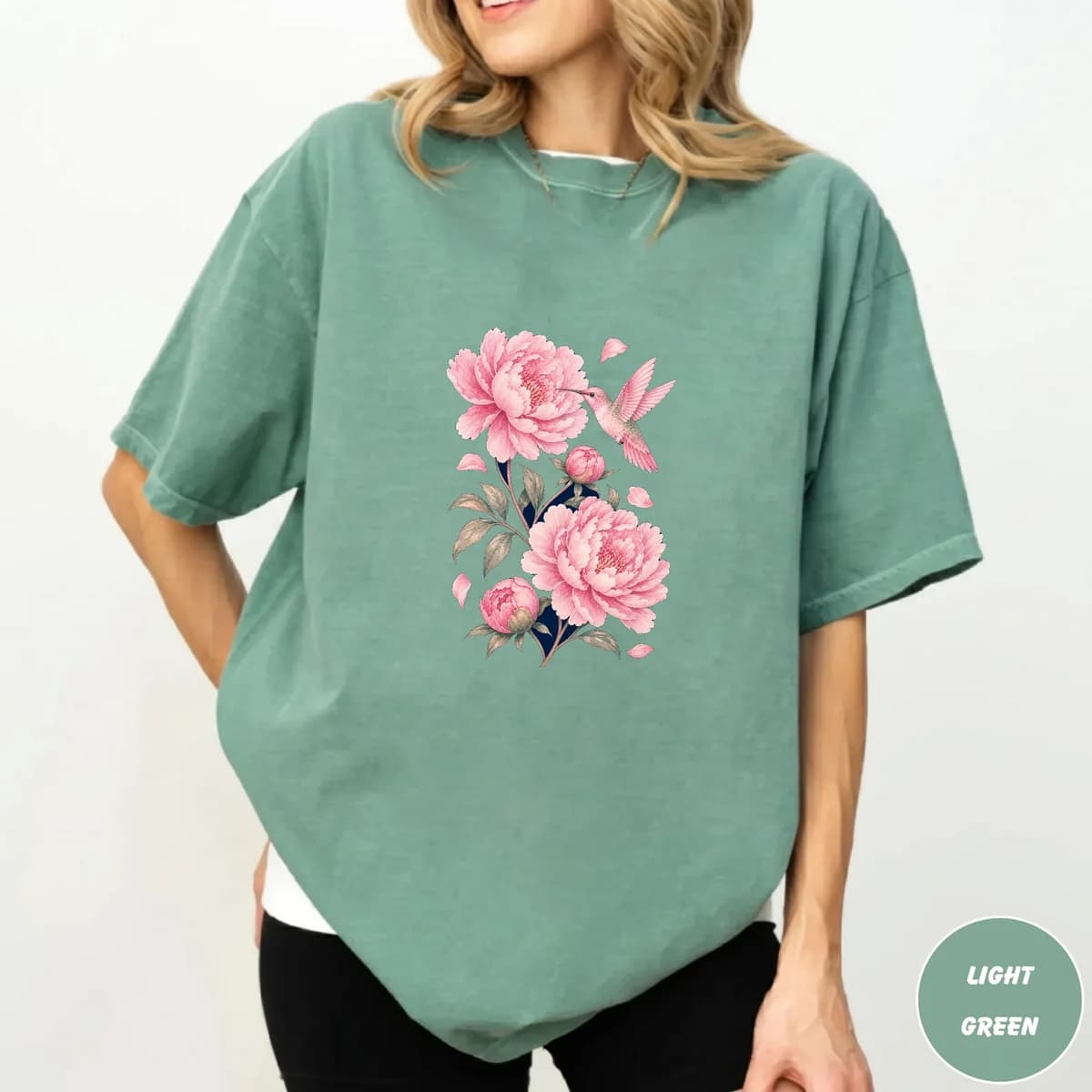 Sage green tee with a pink peony design