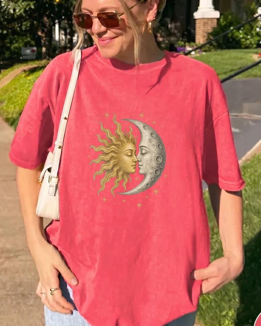 Watermelon-red tee with a sun-and-moon design
