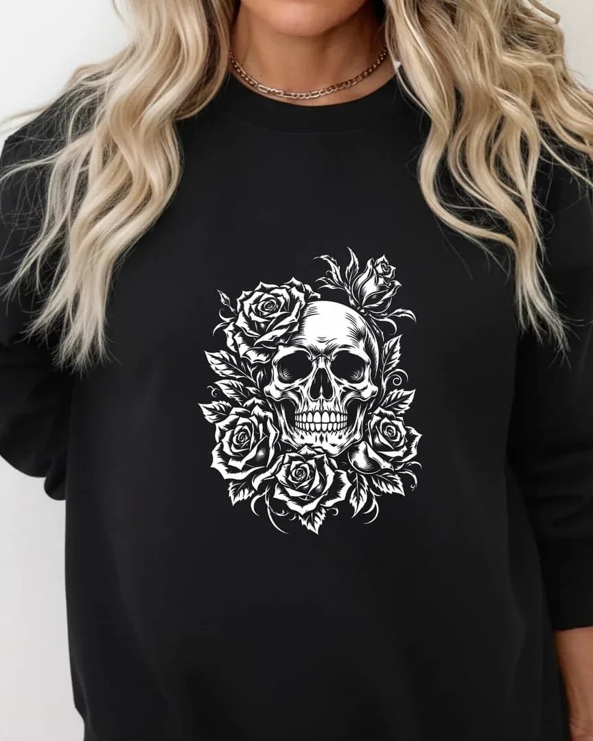 Black sweatshirt with a floral skull design