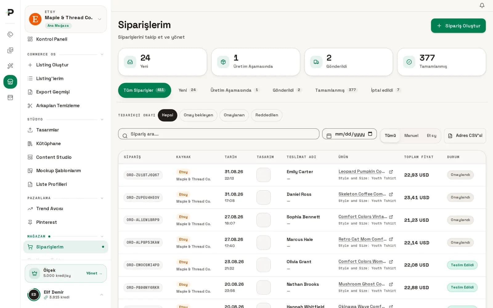 Sipariş paneli: üretimde, kargoda ve tamamlanmış siparişler