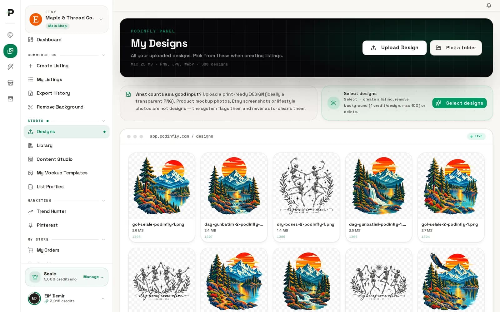 Podinfly design library with uploaded and generated artwork