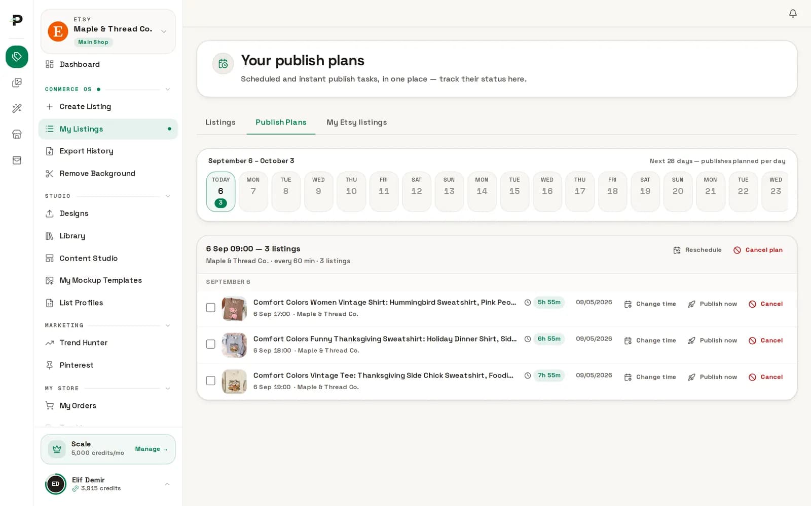 Publishing plans with listings spread across a calendar
