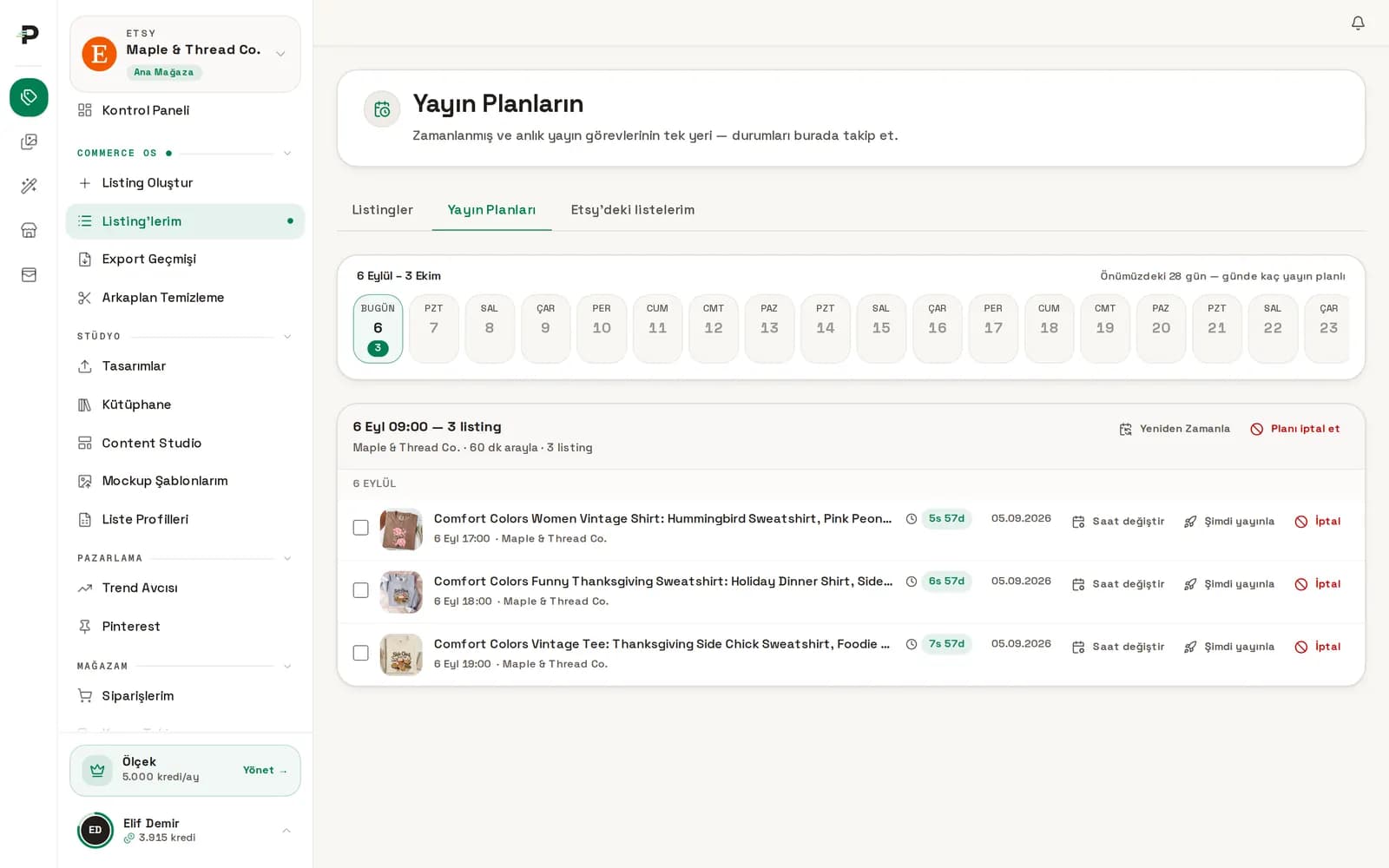 Yayın planları: listinglerin günlere dağıtıldığı takvim